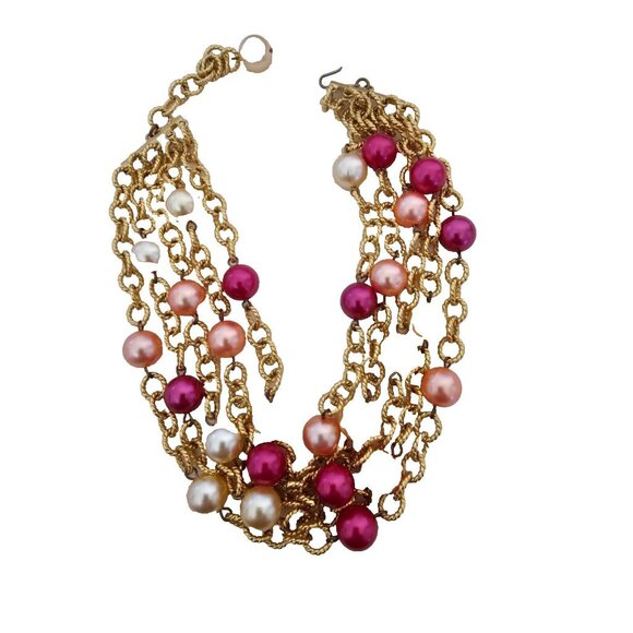 Vintage Five Strand Faux Pearl Beaded 16" Necklace Pink and Lilac Pearl Beads - Picture 1 of 4
